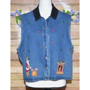 Vintage Rhythm Christmas Vest XL Denim Velvet Cowboy Santa Embroidered Peppers